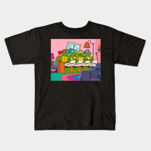 4 Green Brothers Eating Pizza on a Couch Kids T-Shirt